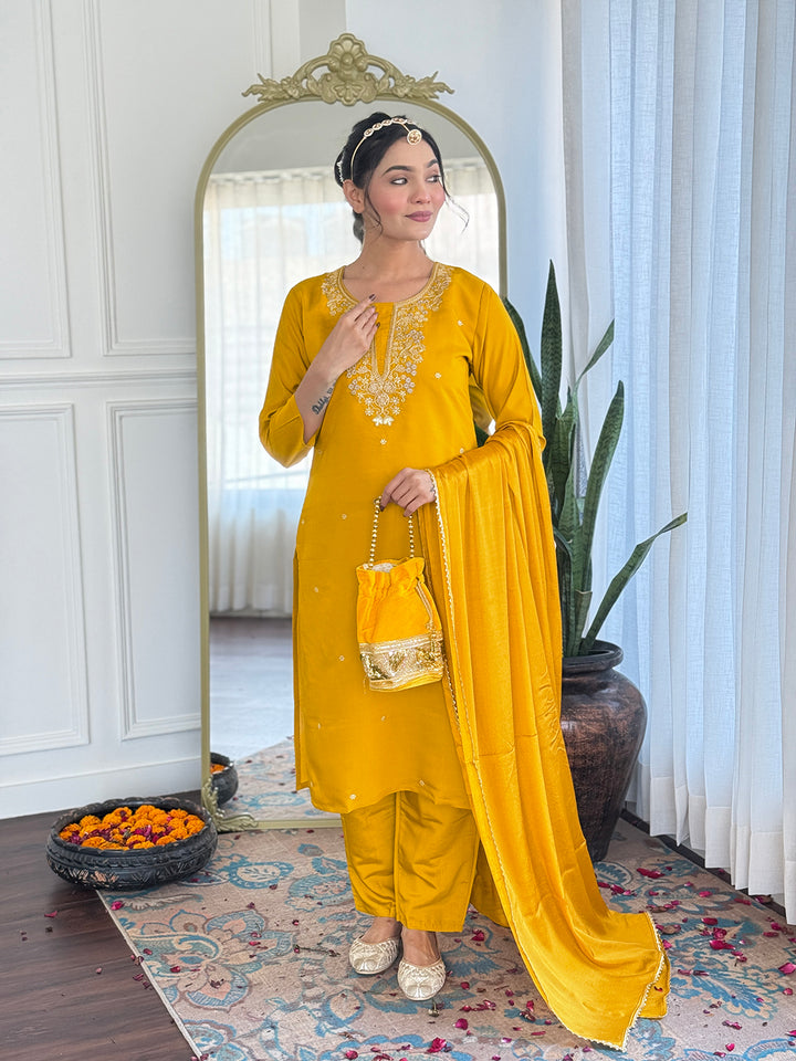 Yellow Color Viscose Chanderi with Embroidered Kurta with Pant And Dupatta Sets