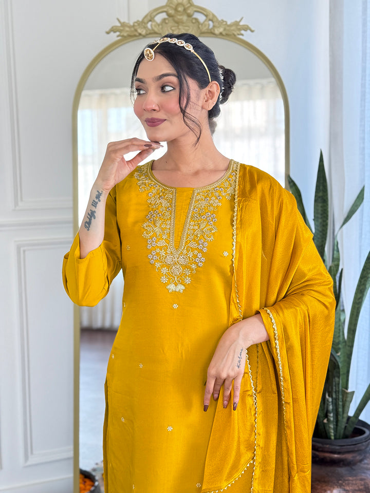 Yellow Color Viscose Chanderi with Embroidered Kurta with Pant And Dupatta Sets