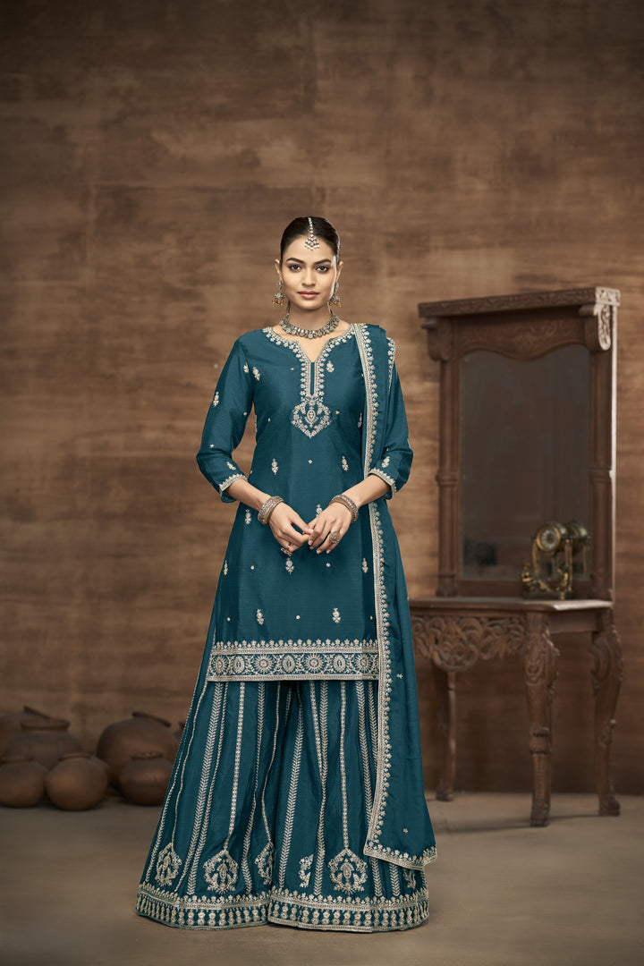 Teal Color Chinnon With Embroidery And Sequins Work Top And Plazo