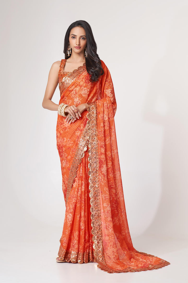 Orange Color Saree Organza With Sequins Embroidery Work With Digital Print