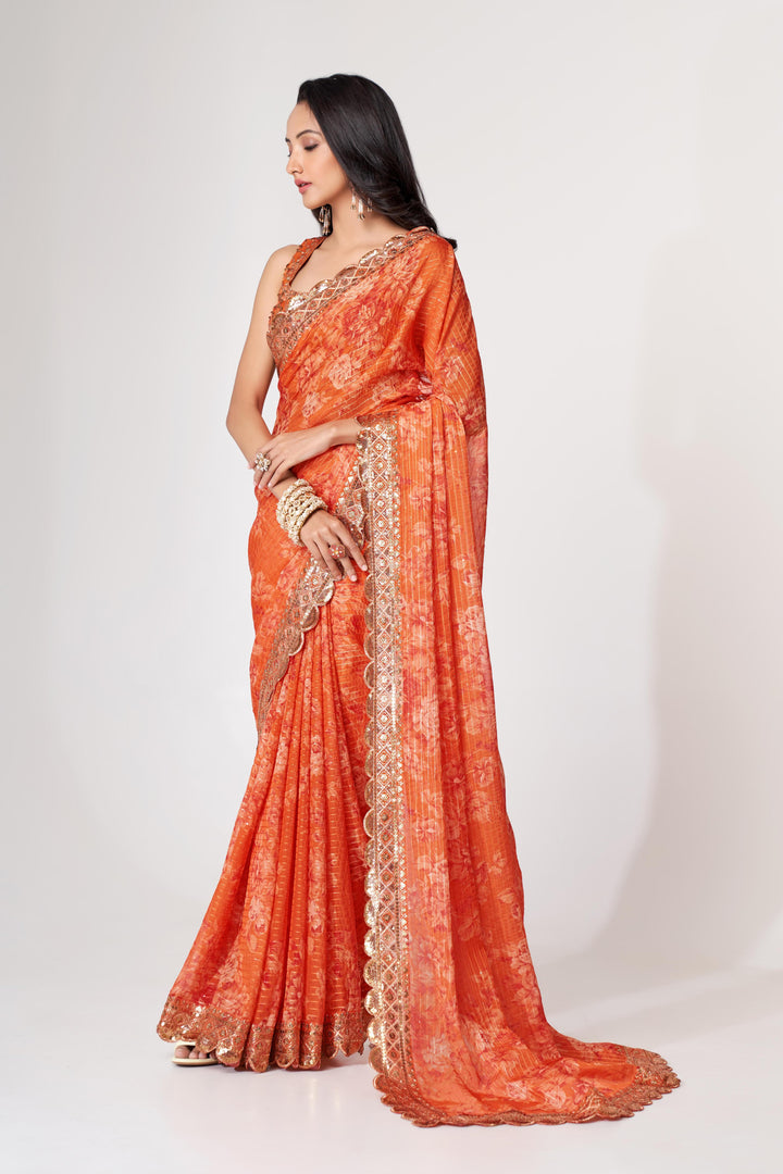 Orange Color Saree Organza With Sequins Embroidery Work With Digital Print
