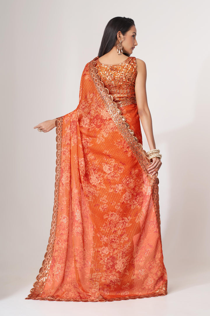 Orange Color Saree Organza With Sequins Embroidery Work With Digital Print