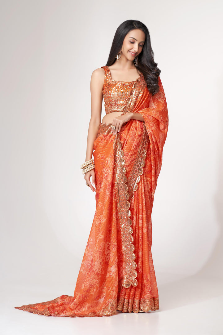 Orange Color Saree Organza With Sequins Embroidery Work With Digital Print