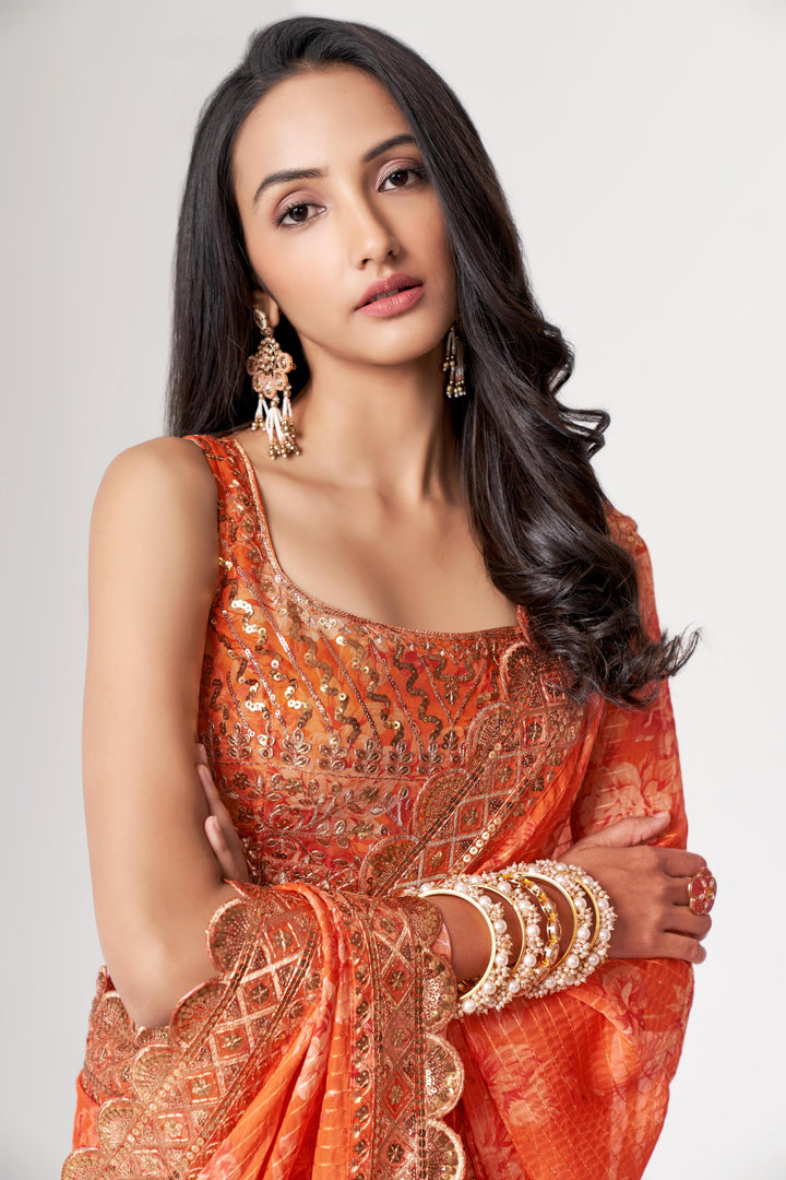 Orange Color Saree Organza With Sequins Embroidery Work With Digital Print