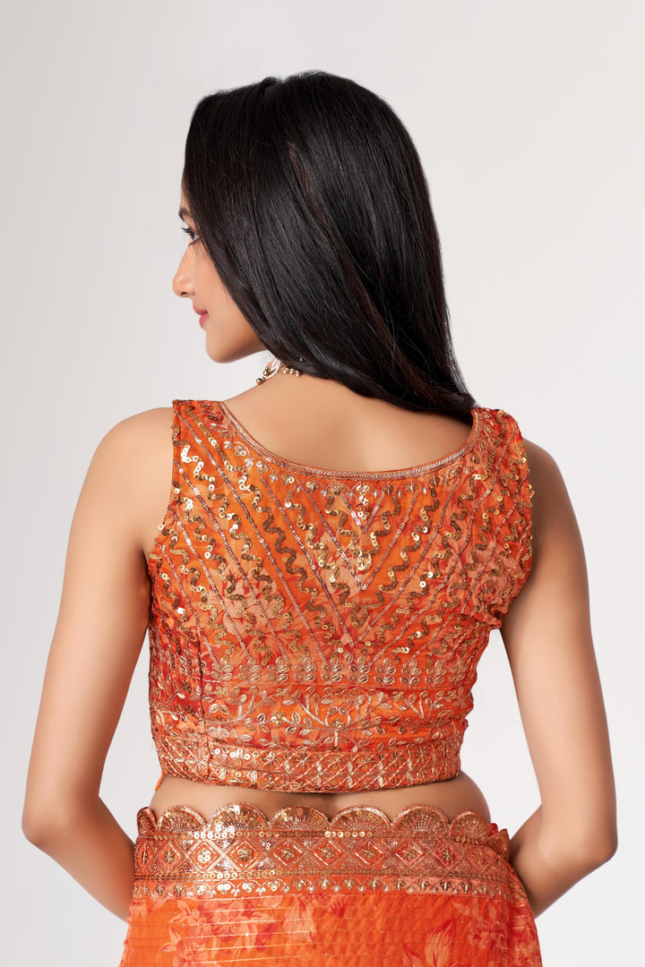 Orange Color Saree Organza With Sequins Embroidery Work With Digital Print