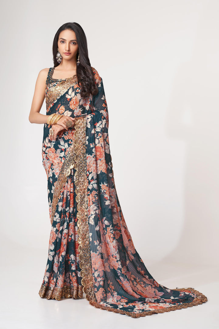 Blue Color Saree Organza With Sequins Embroidery Work With Digital Print