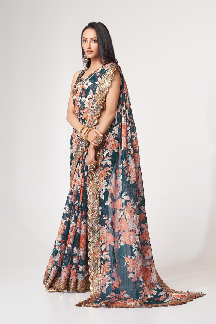 Blue Color Saree Organza With Sequins Embroidery Work With Digital Print