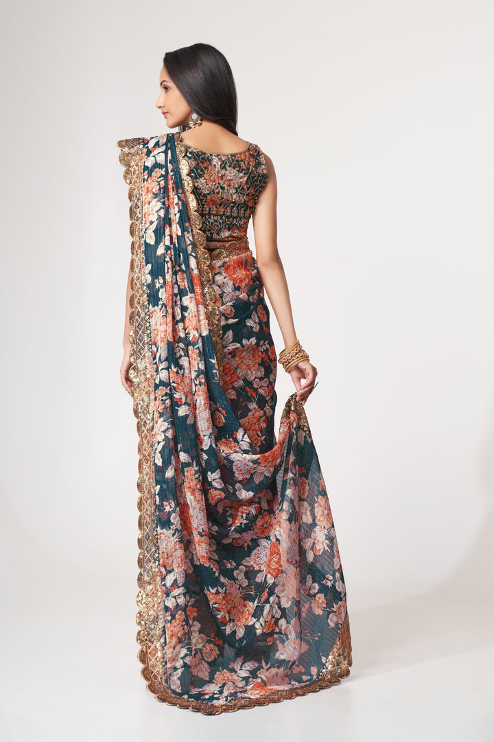 Blue Color Saree Organza With Sequins Embroidery Work With Digital Print