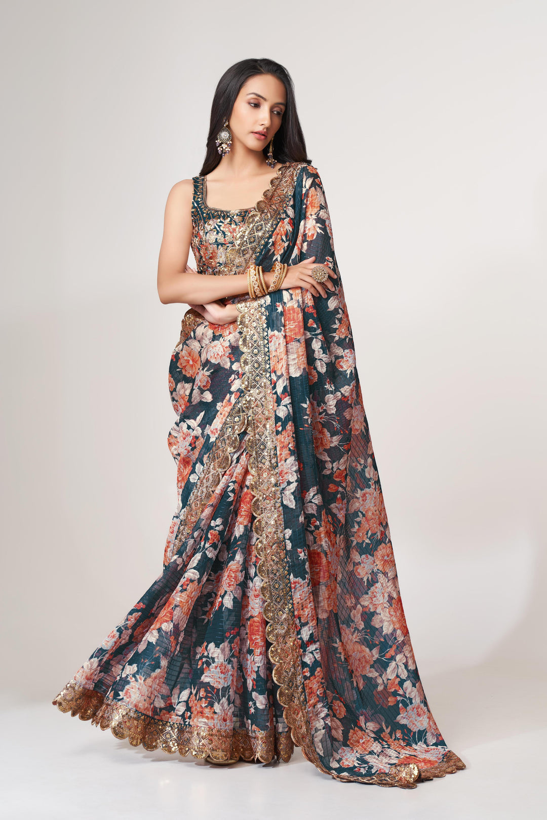 Blue Color Saree Organza With Sequins Embroidery Work With Digital Print