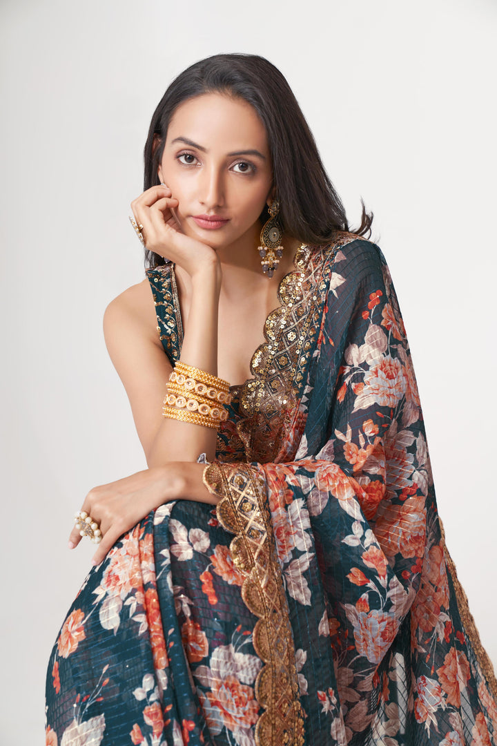 Blue Color Saree Organza With Sequins Embroidery Work With Digital Print
