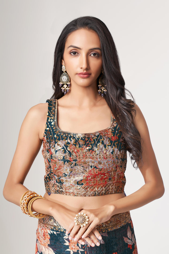 Blue Color Saree Organza With Sequins Embroidery Work With Digital Print
