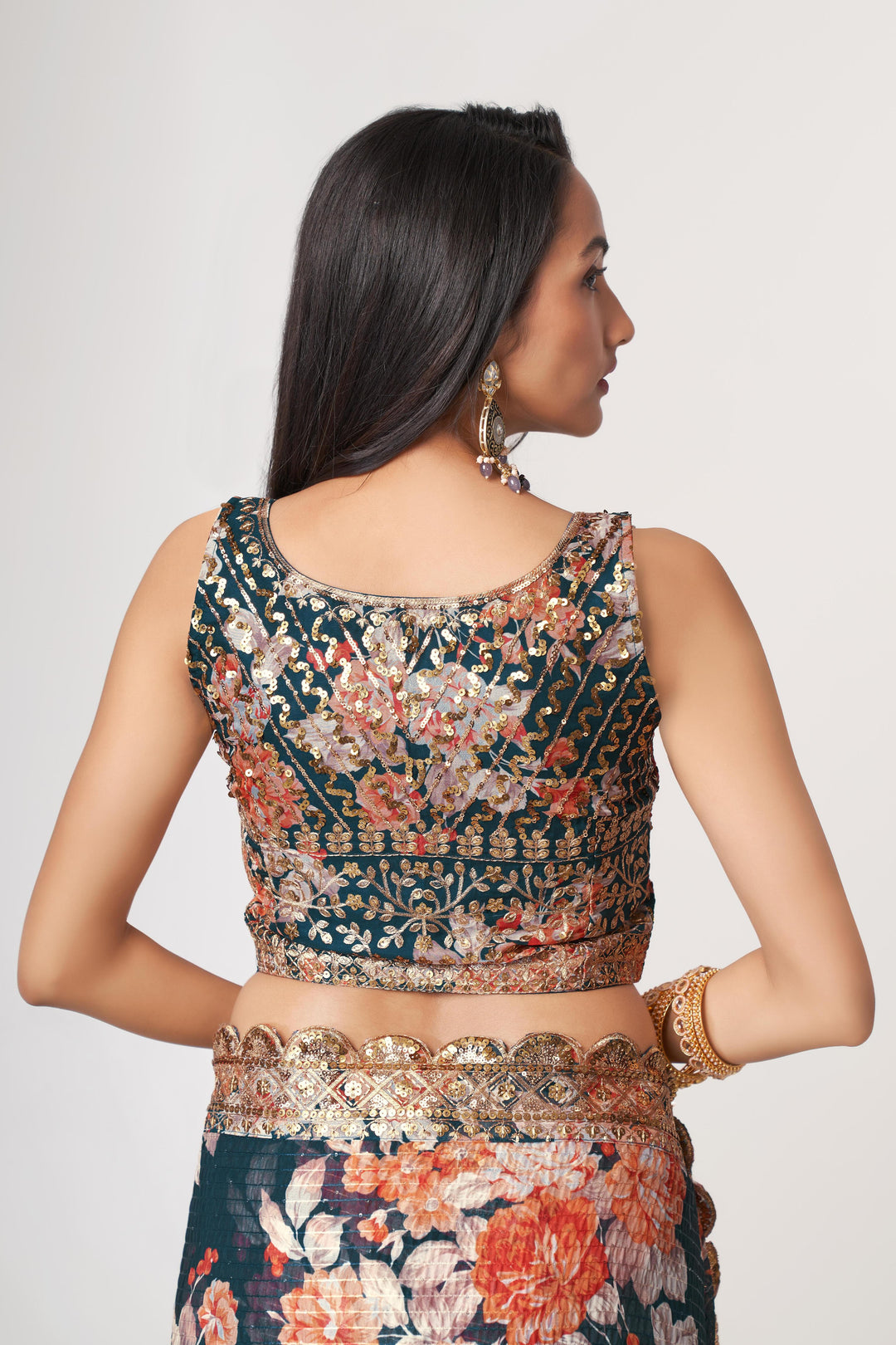 Blue Color Saree Organza With Sequins Embroidery Work With Digital Print