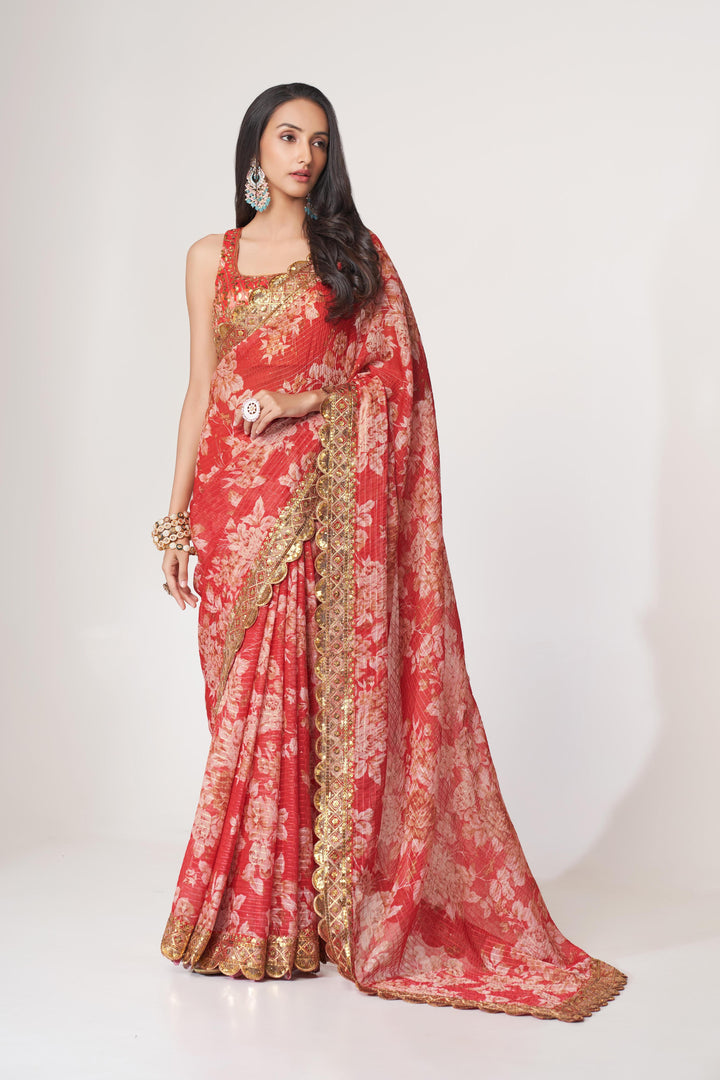 Red Color Saree Organza With Sequins Embroidery Work With Digital Print