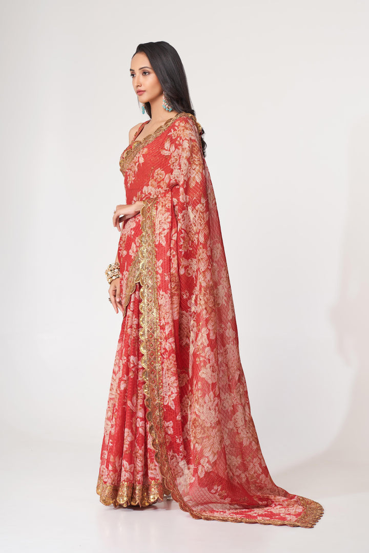 Red Color Saree Organza With Sequins Embroidery Work With Digital Print