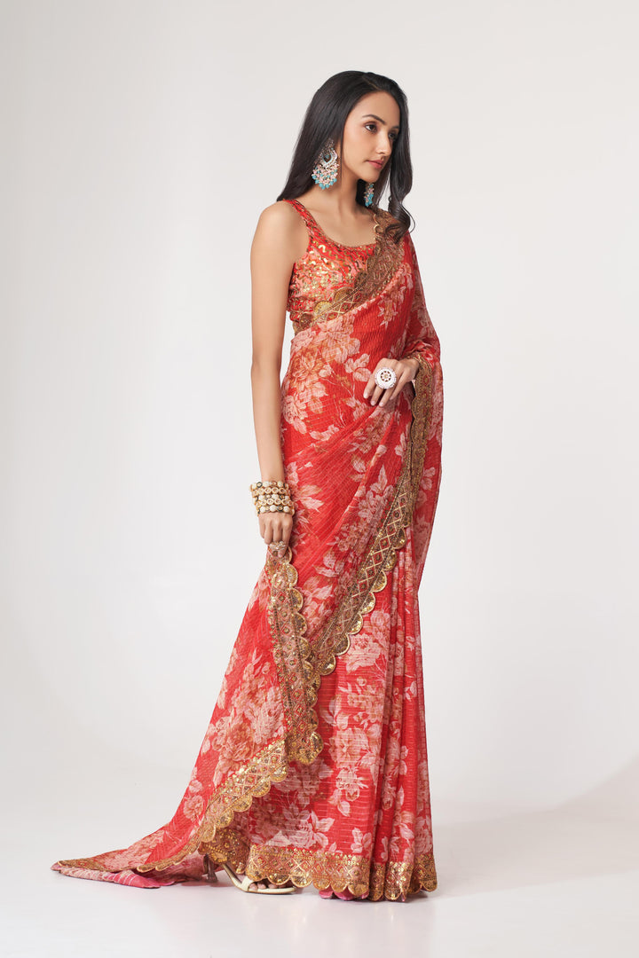 Red Color Saree Organza With Sequins Embroidery Work With Digital Print