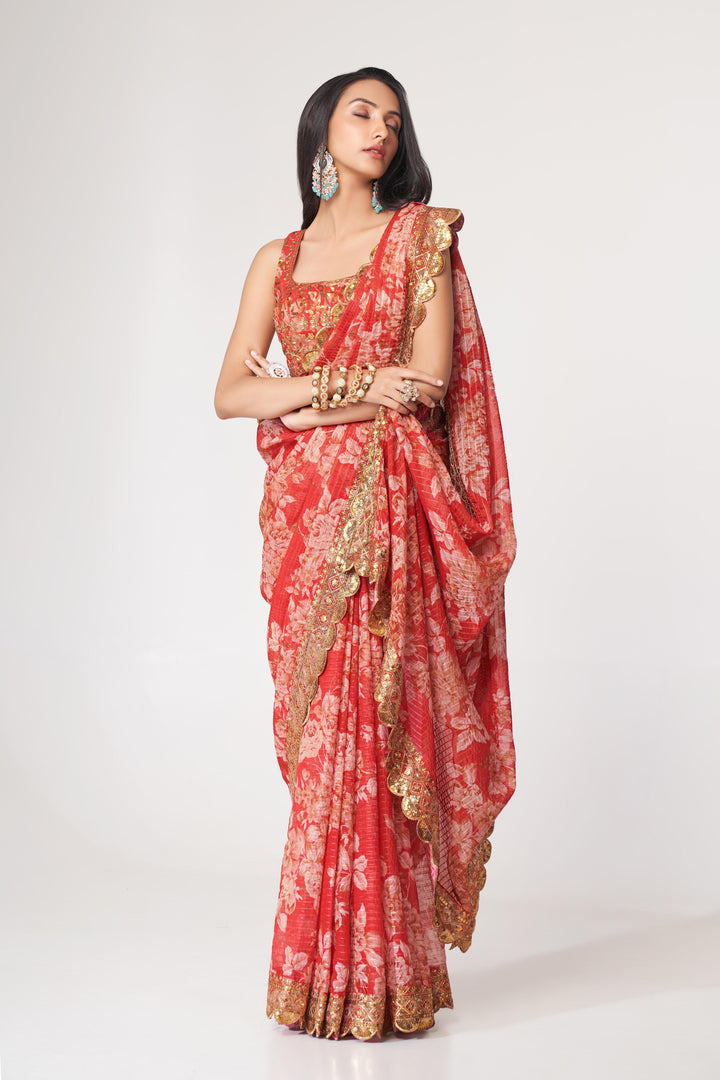Red Color Saree Organza With Sequins Embroidery Work With Digital Print