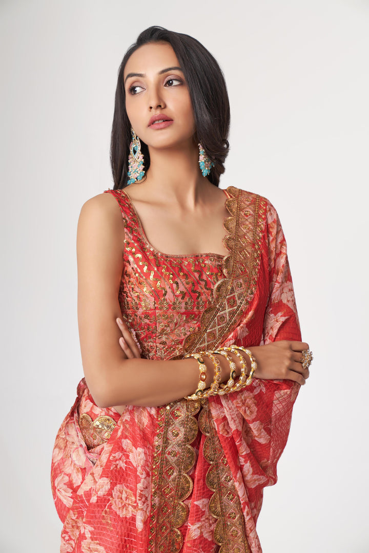Red Color Saree Organza With Sequins Embroidery Work With Digital Print