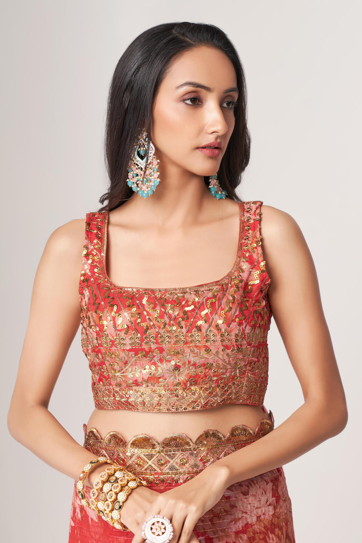 Red Color Saree Organza With Sequins Embroidery Work With Digital Print