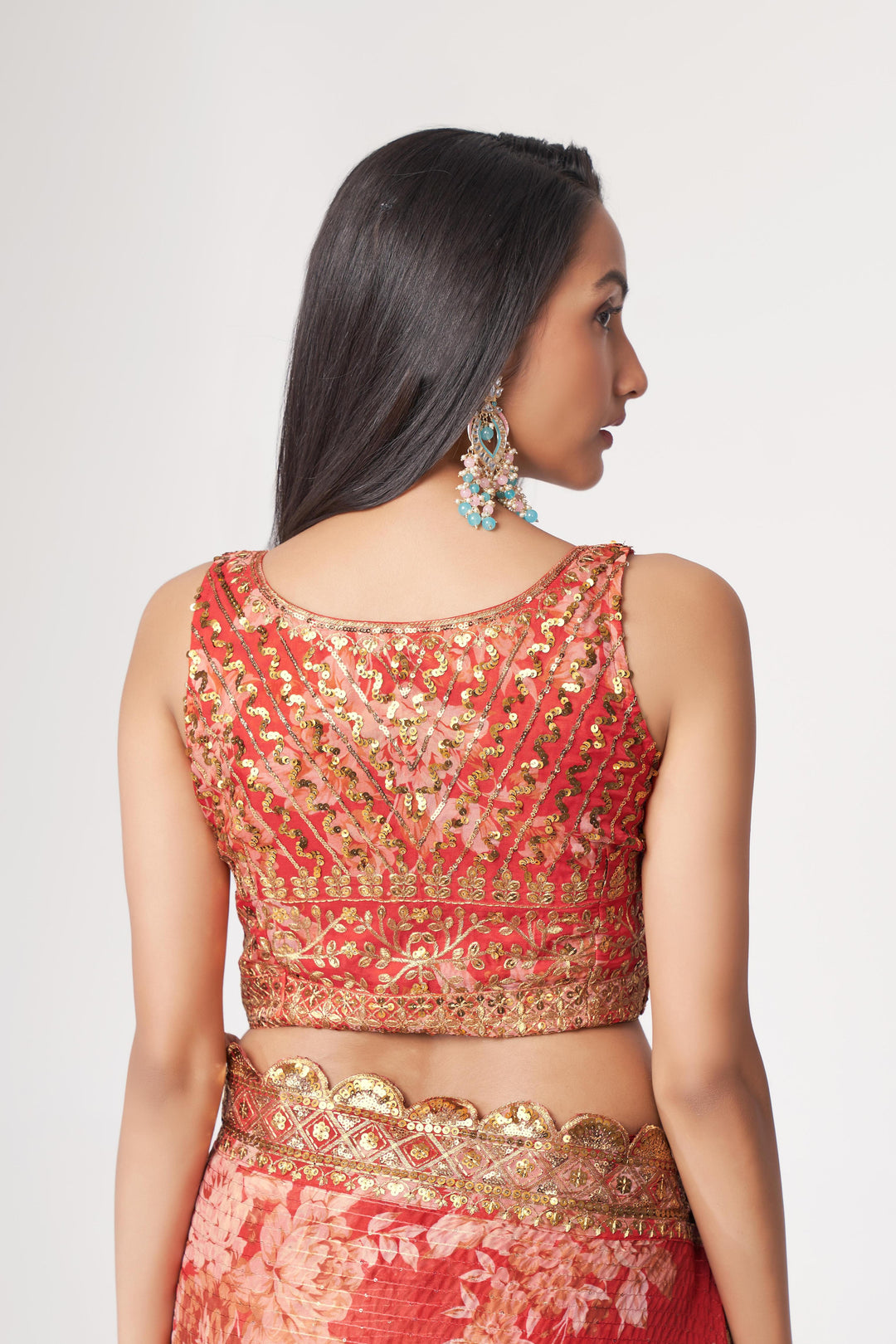 Red Color Saree Organza With Sequins Embroidery Work With Digital Print