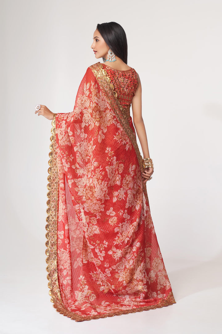 Red Color Saree Organza With Sequins Embroidery Work With Digital Print