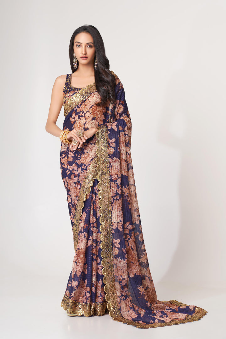 Purple Color Saree Organza With Sequins Embroidery Work With Digital Print