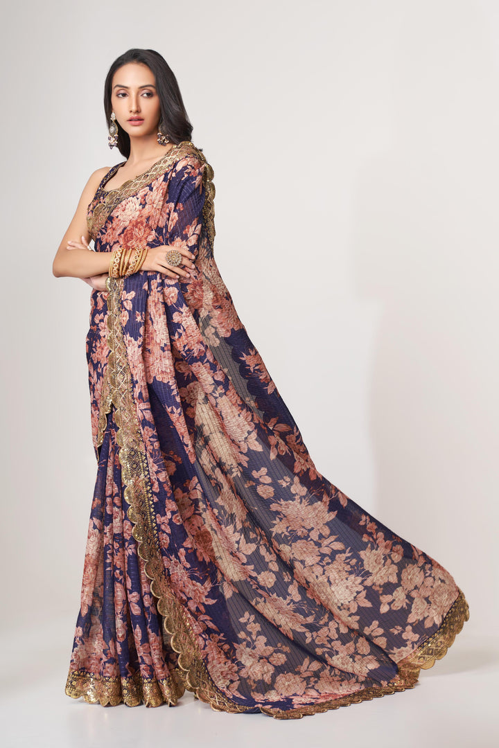 Purple Color Saree Organza With Sequins Embroidery Work With Digital Print