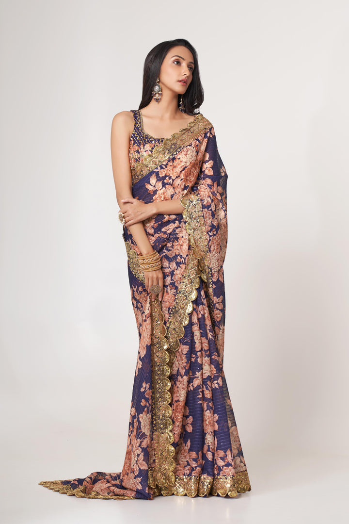 Purple Color Saree Organza With Sequins Embroidery Work With Digital Print