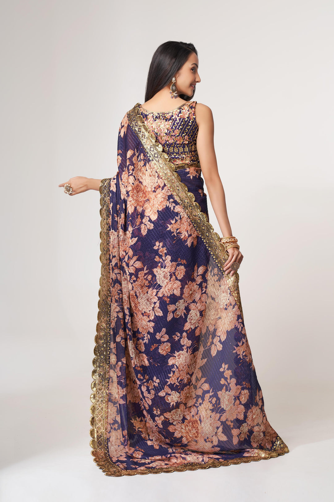 Purple Color Saree Organza With Sequins Embroidery Work With Digital Print