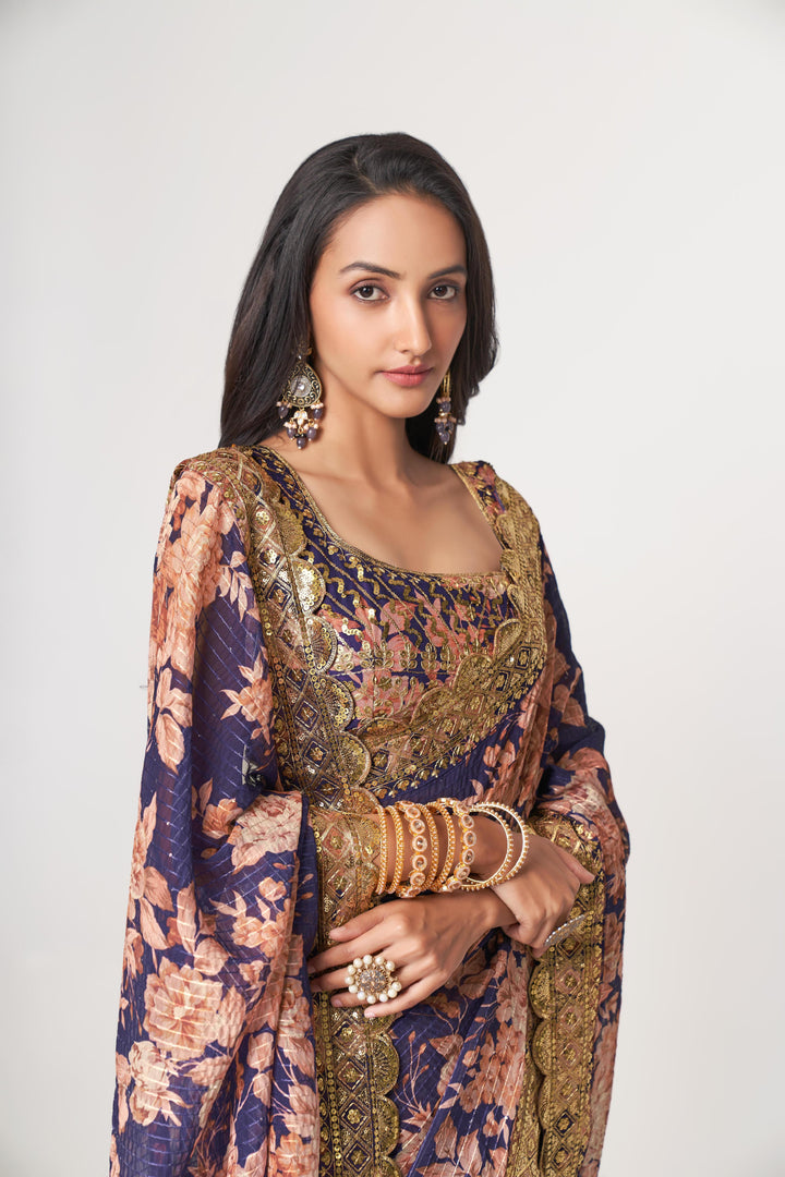 Purple Color Saree Organza With Sequins Embroidery Work With Digital Print