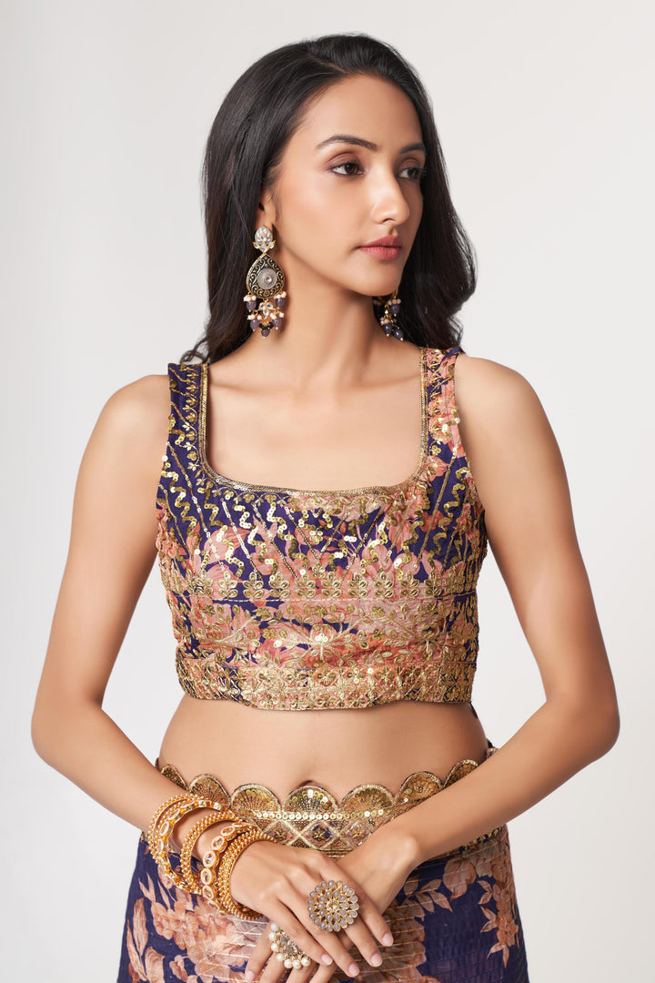 Purple Color Saree Organza With Sequins Embroidery Work With Digital Print