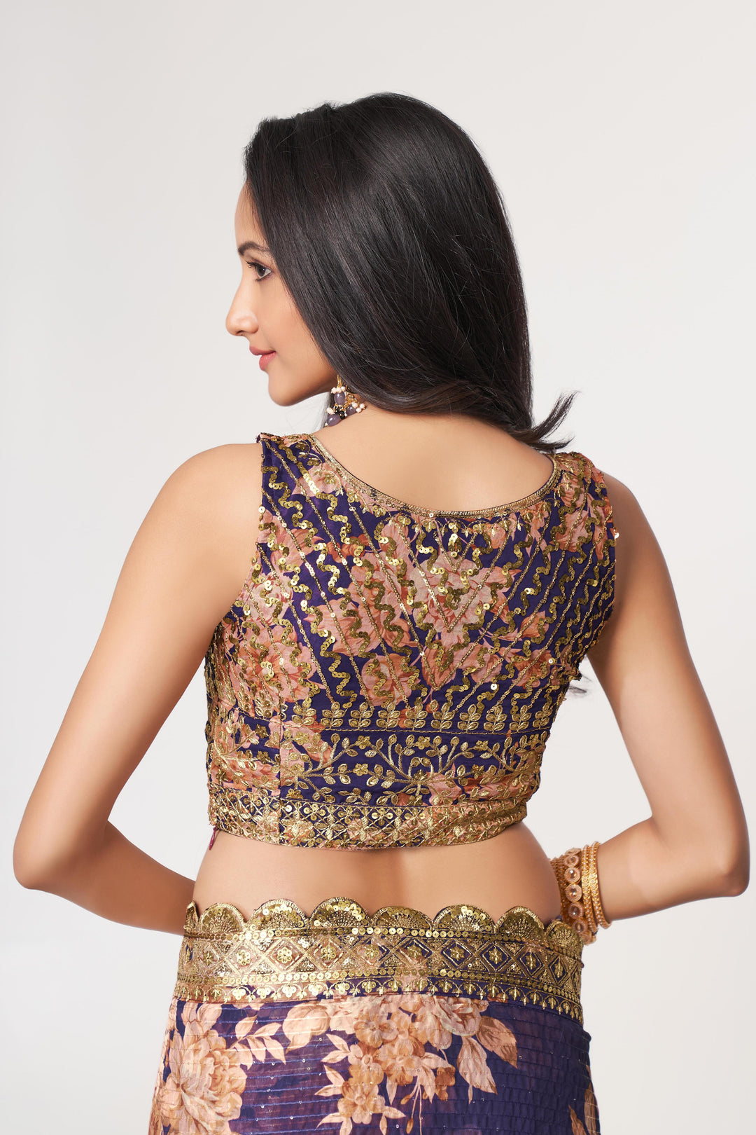 Purple Color Saree Organza With Sequins Embroidery Work With Digital Print
