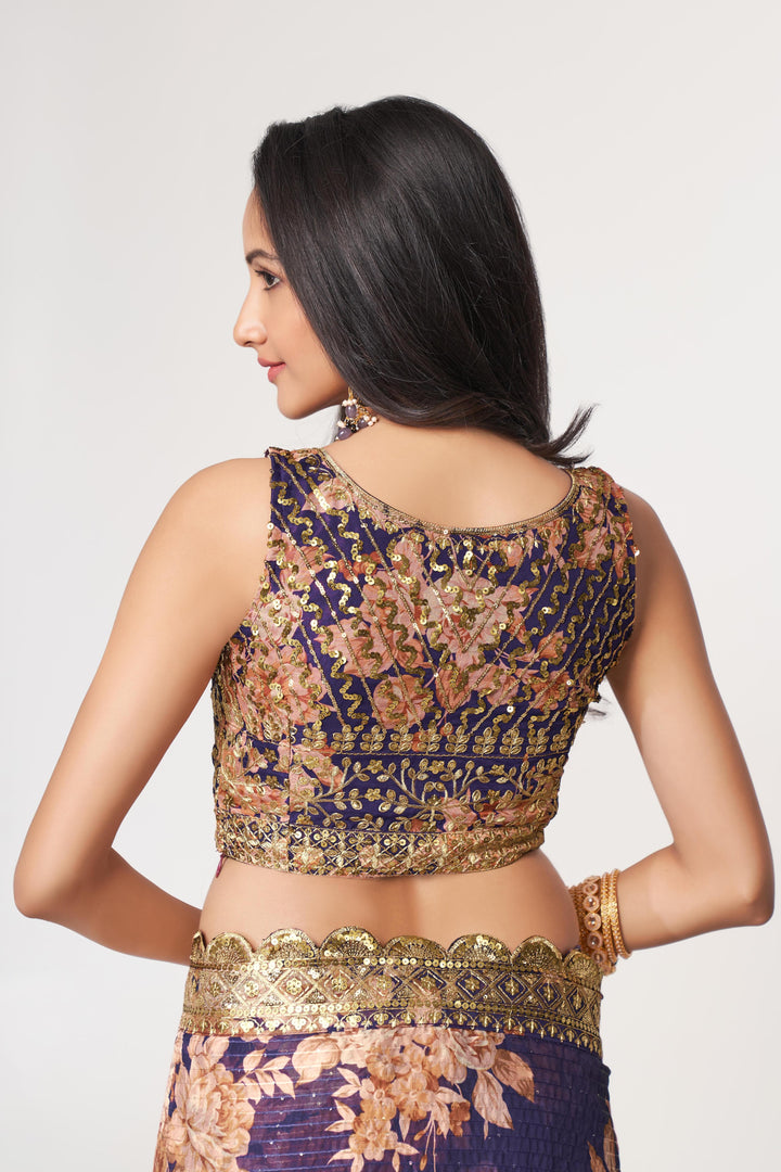 Purple Color Saree Organza With Sequins Embroidery Work With Digital Print