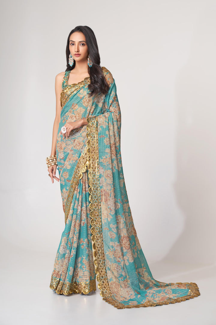 Sky Blue Color Saree Organza With Sequins Embroidery Work With Digital Print