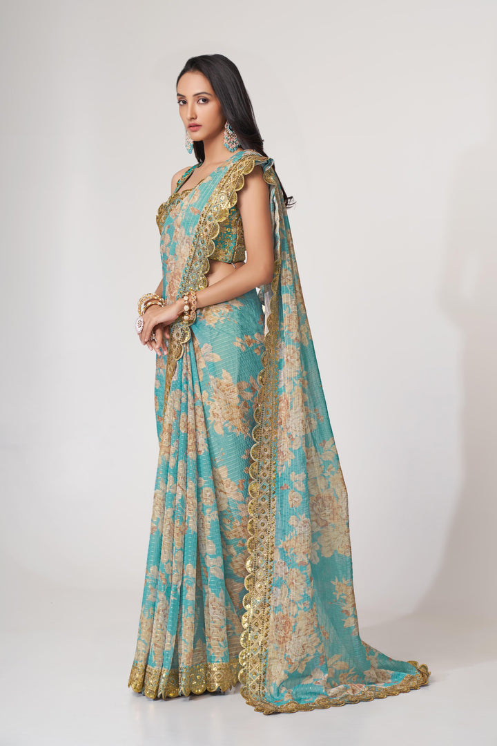 Sky Blue Color Saree Organza With Sequins Embroidery Work With Digital Print