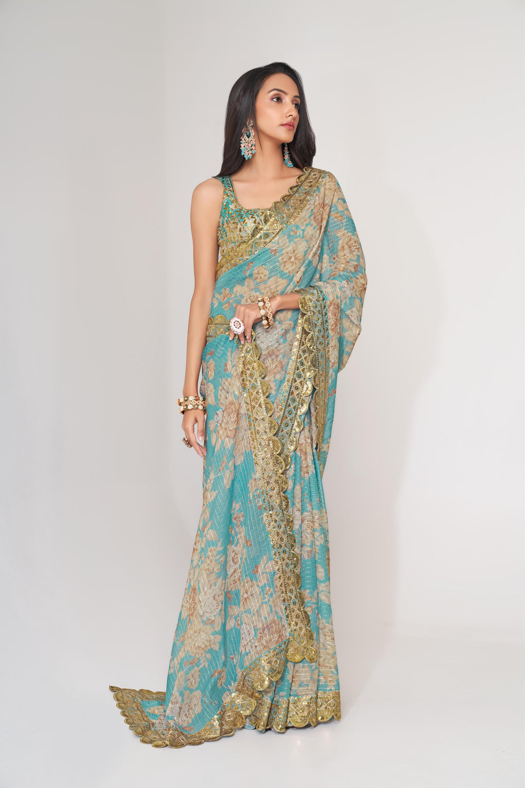 Sky Blue Color Saree Organza With Sequins Embroidery Work With Digital Print