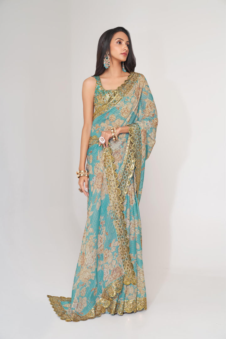 Sky Blue Color Saree Organza With Sequins Embroidery Work With Digital Print