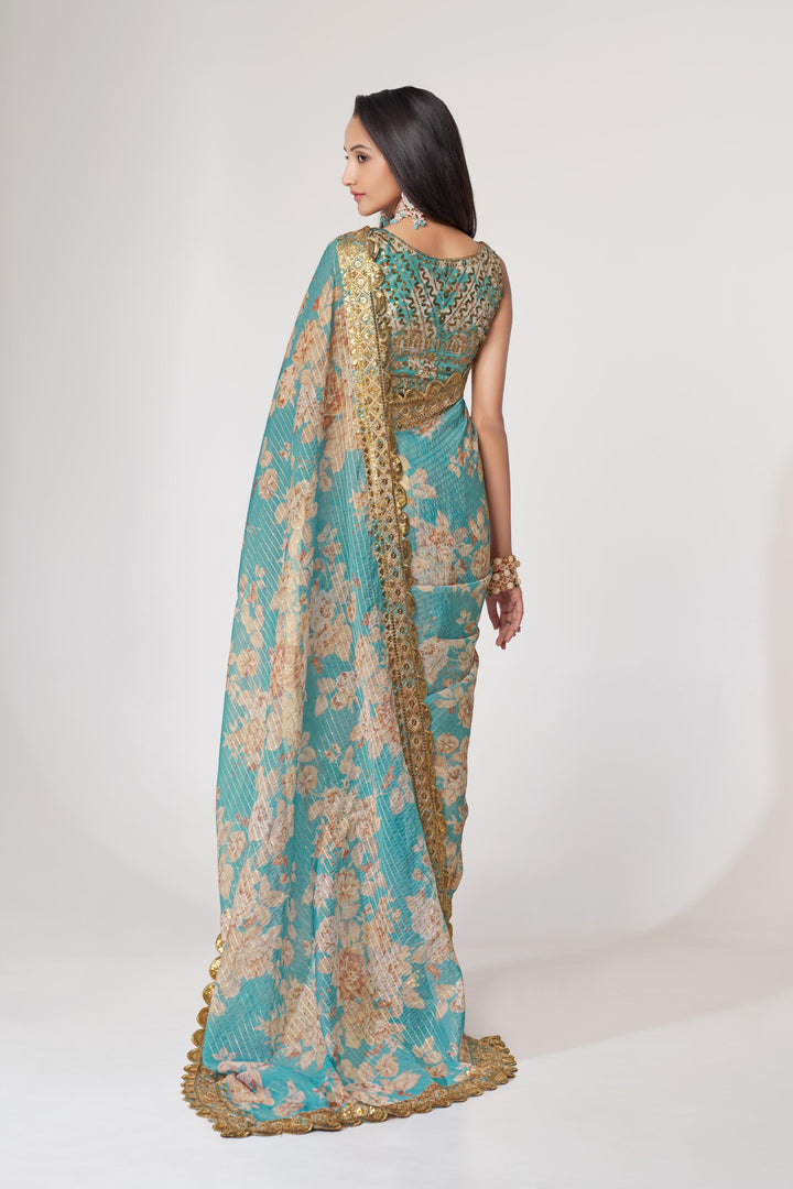Sky Blue Color Saree Organza With Sequins Embroidery Work With Digital Print