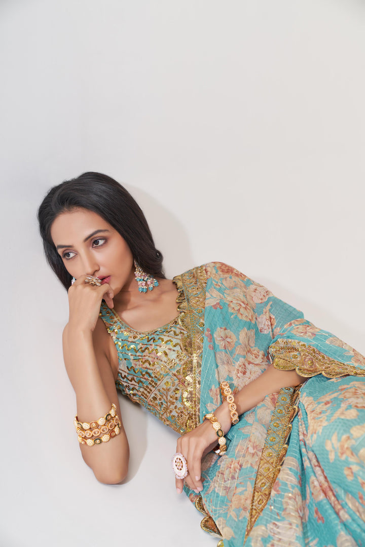 Sky Blue Color Saree Organza With Sequins Embroidery Work With Digital Print