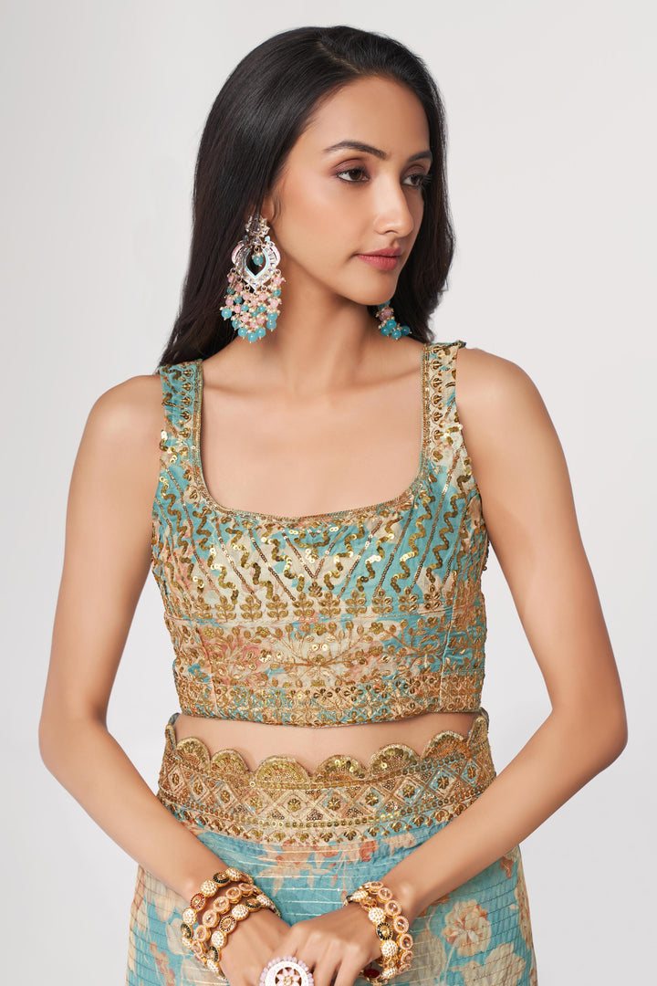 Sky Blue Color Saree Organza With Sequins Embroidery Work With Digital Print
