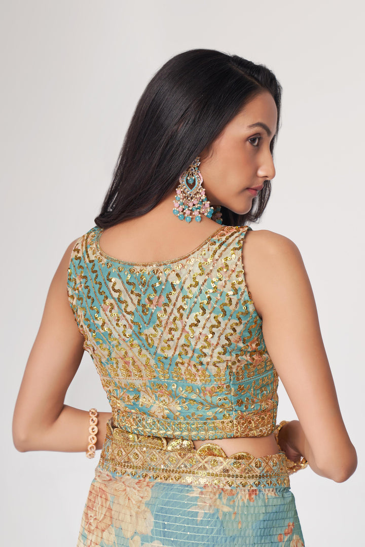 Sky Blue Color Saree Organza With Sequins Embroidery Work With Digital Print