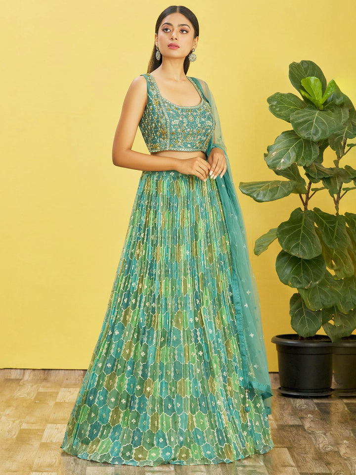 Green Color Organza With Real Mirror , Sequins Embroidered Work Lehenga Choli