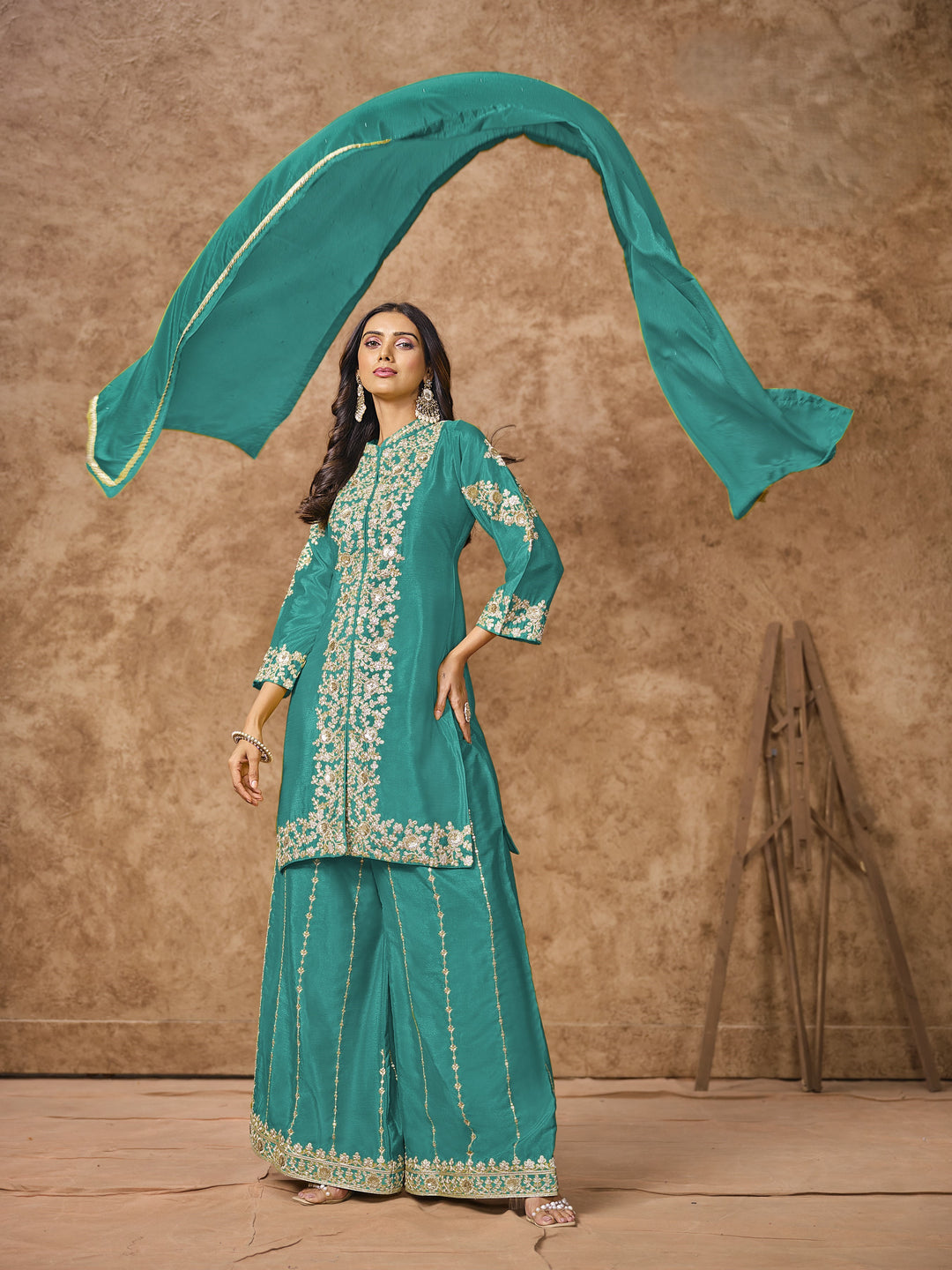 Sea Green Color Chinnon With Embroidery And Sequins Work Top And Plazo