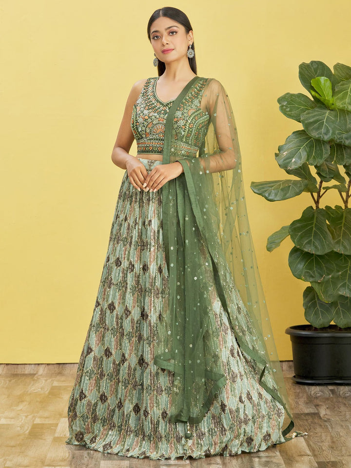 Green Color Chinnon Real Mirror with Thread, Sequins Embroidered Work Lehenga Choli