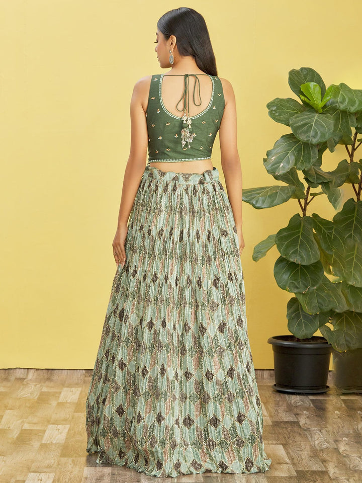 Green Color Chinnon Real Mirror with Thread, Sequins Embroidered Work Lehenga Choli