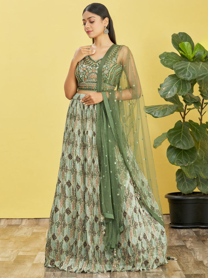 Green Color Chinnon Real Mirror with Thread, Sequins Embroidered Work Lehenga Choli
