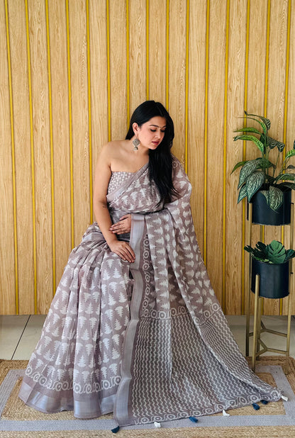 Gray Khushboo Soft Linen Cotton Digital Print Sarees With Batik Print With Silver Border
