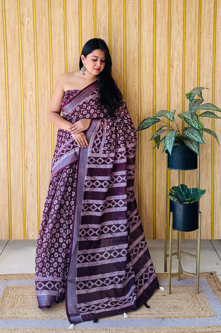 Brown Aarya-1 Soft Linen Cotton Digital Print Sarees With Batik Print With Silver Border