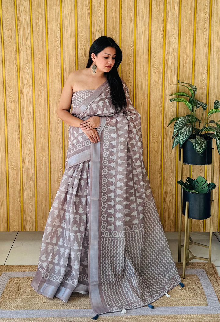 Gray Khushboo Soft Linen Cotton Digital Print Sarees With Batik Print With Silver Border