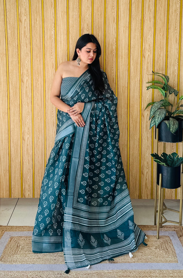 Green Shukriya Soft Linen Cotton Digital Print Saree With Batik Print With Silver Border