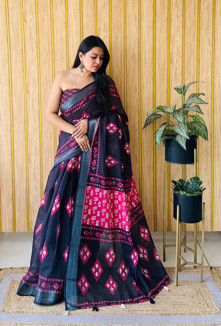 Black And Pink Aarya-2 Soft Linen Cotton Digital Print Sarees With Batik Print With Silver Border